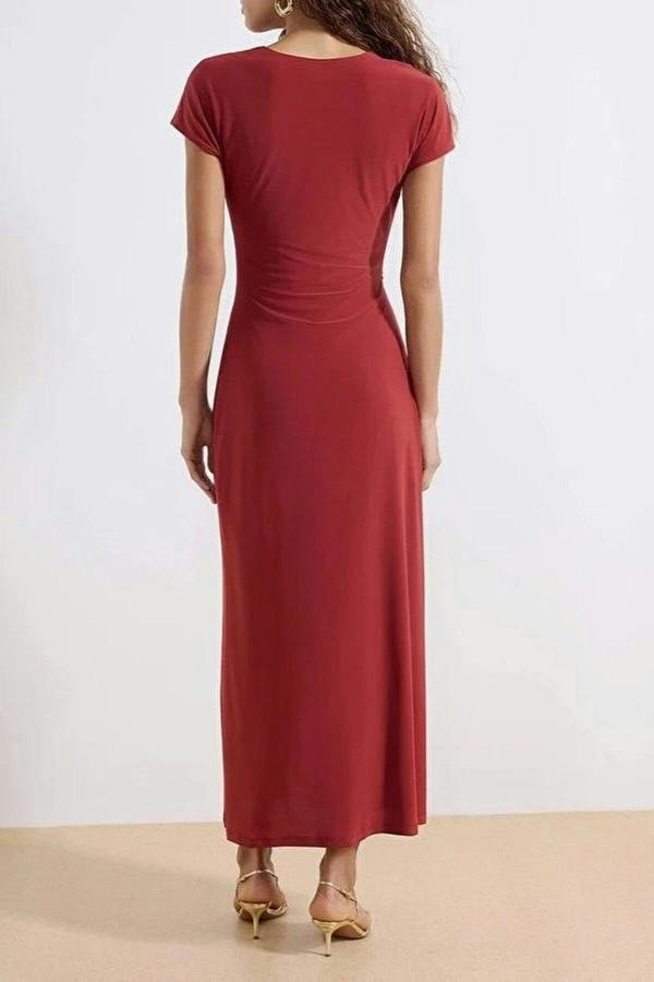 WOVCOR A-Line V-Neck Maxi Stretch Knit Dress with Accessory Details