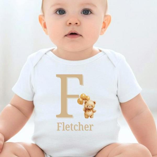 Personalised Beige Bear Baby Grow, Vest or Bib with Name