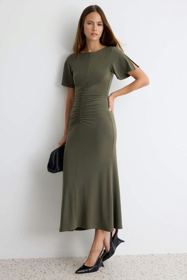 WOVCOR Boat Neck Short Sleeve Ruched Midi Bodycon Dress