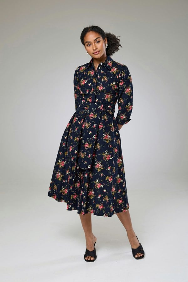 Isha's Timeless collection Navy Flora Cord Long Sleeve Dress