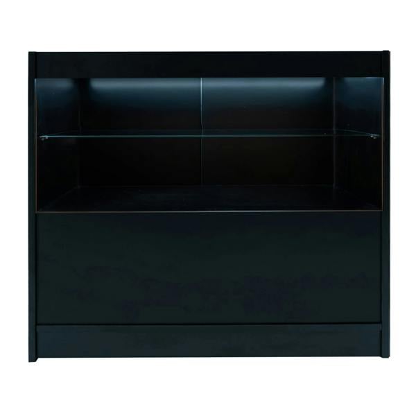 Black Phoenix LED shop counter set featuring sleek design, glass shelves, and integrated lighting for modern retail displays