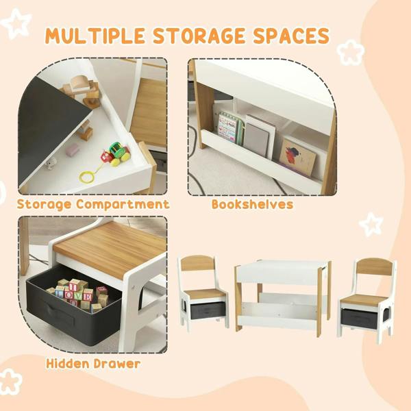 Kids table set with hidden drawer storage and side bookshelves on the tabletop unit