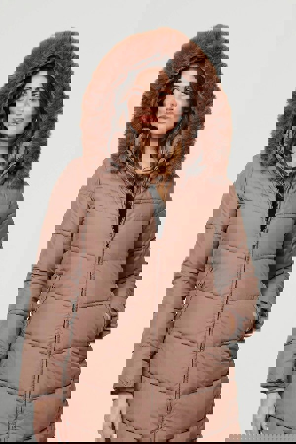 Beige | Faux Fur Hooded Longline Puffer Jacket
