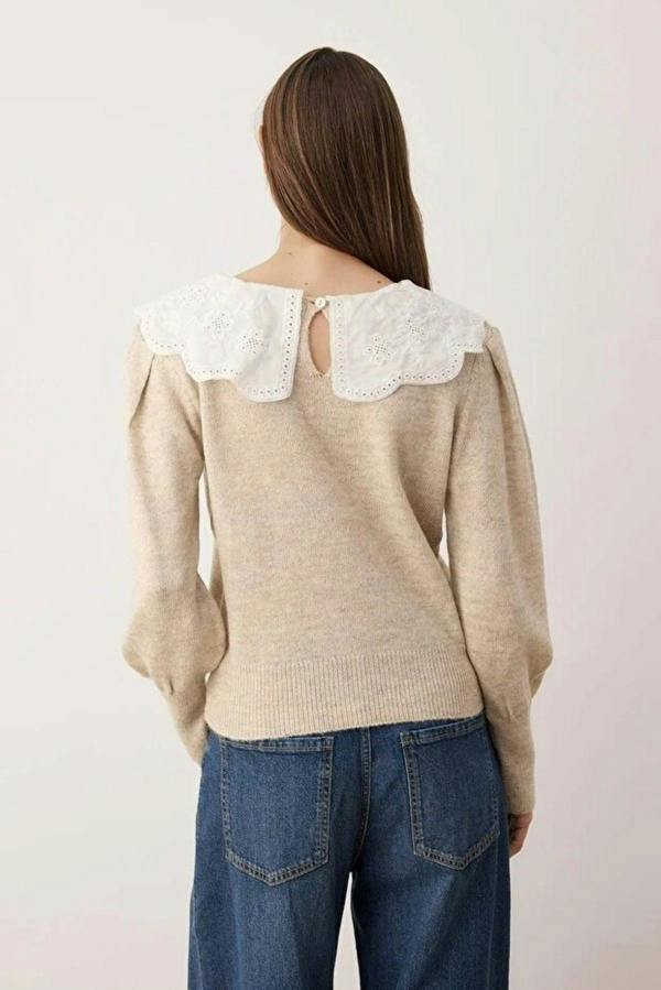 WOVCOR Soft Textured Garnished Shirt Collar Knit Sweater
