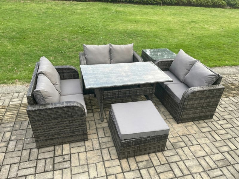 Fimous Wicker PE Rattan Sofa Outdoor Garden Furniture Set with Rectangular Dining Table Big Footstool Side Table Dark Grey Mixed