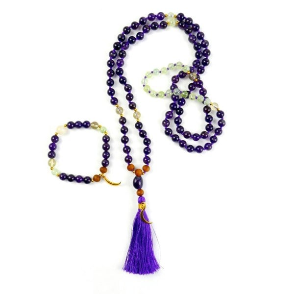 Kati Kaia Amethyst Crystal Pure Mala Prehnite and Lemon Quartz in purple with a tassel and wooden beads