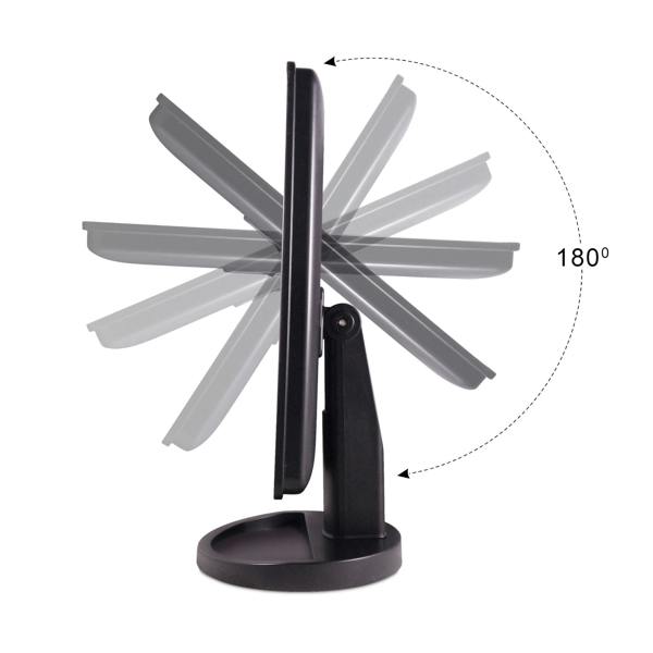 24 LED touch dimmable make up mirror being tilted back and forth to show 180 degree swivel feature 
