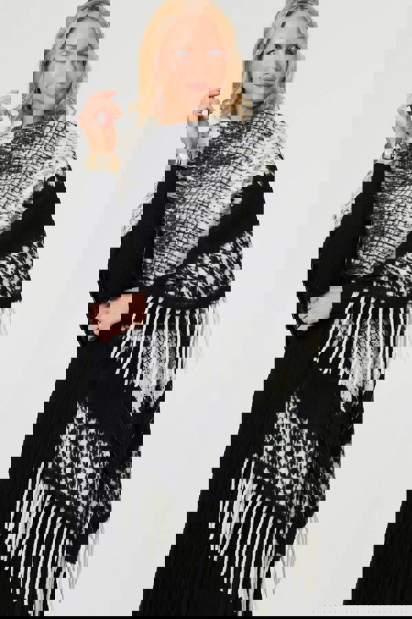 Black | Scarf Printed Fringed Oversized Poncho
