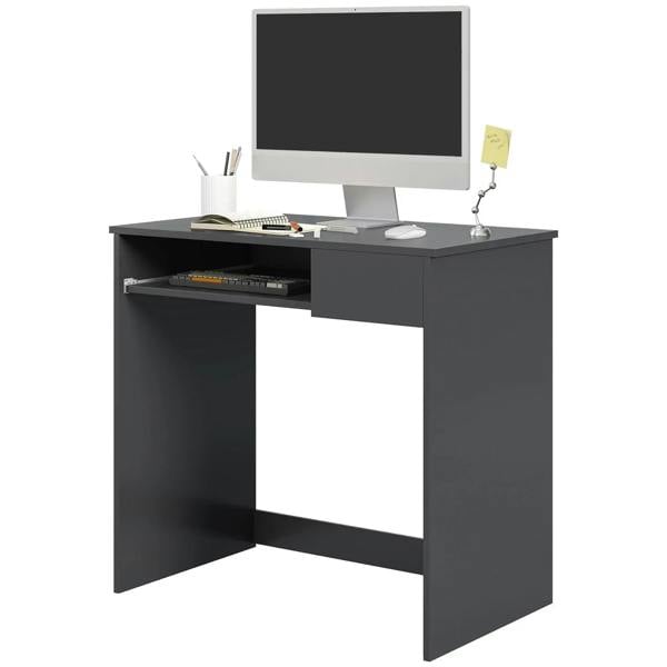 Grey desk with keyboard tray extended and side drawer open for compact home office storage