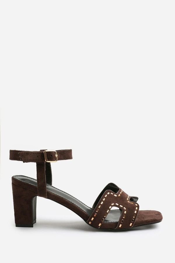 Where's That From Cora Low Block Heel With Cut Out Detailing and Diamantes in Dark Brown Suede