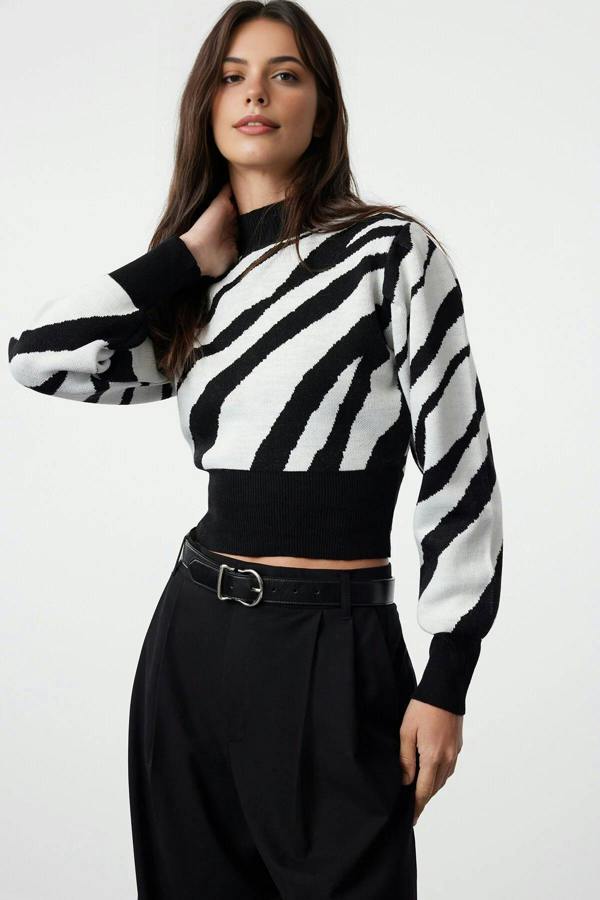WOVCOR Zebra Print Crop Knit Sweater