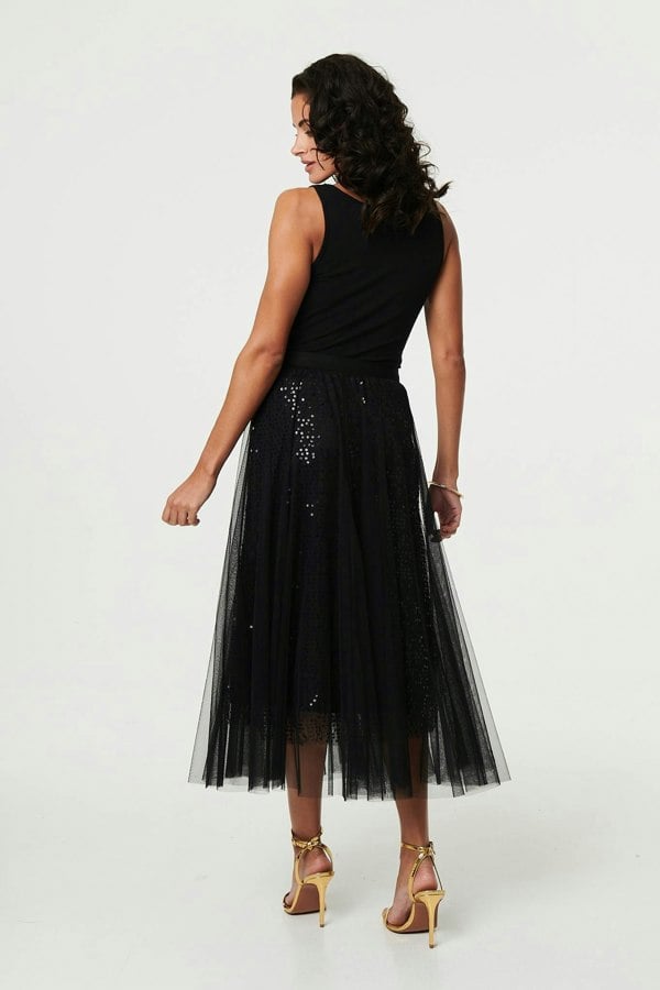 Black | Embellished Mesh Layer Midi Skirt
