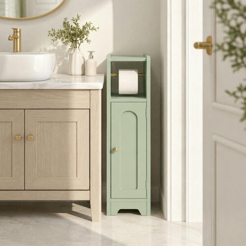 HOMCOM Toilet Roll Holder Bathroom Cabinet with Adjustable Shelf Light Green