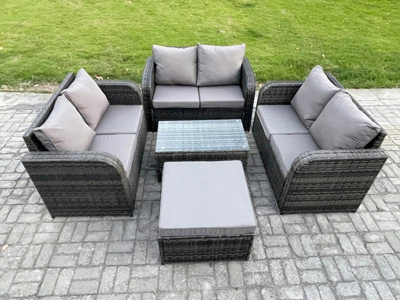 Fimous Outdoor Garden Furniture Sets 7 Seater Wicker Rattan Furniture Sofa Sets with Rectangular Coffee Table Love Sofa Big Footstool Dark Grey Mixed