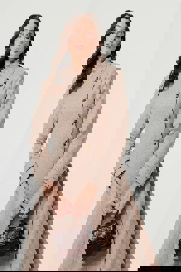 Beige | Button Front Funnel Neck Coat
