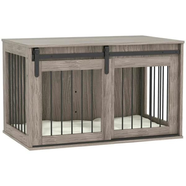 Brown cabinet-style dog crate with removable cushion and black metal latch bars