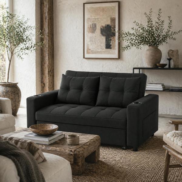Wyld Haus Kanovi Fabric Black 2 Seater Pull Out Sofa Bed