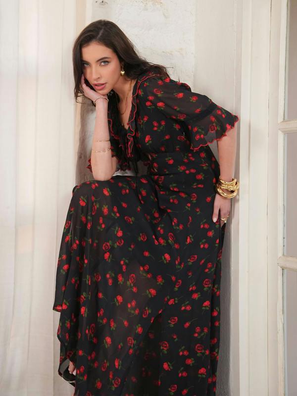 Rose & Nancy Toni Red Rose Print Velvet Tie Maxi Dress&nbsp;