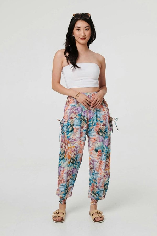 Blue | Printed High Waist Shirred Harem Pants
