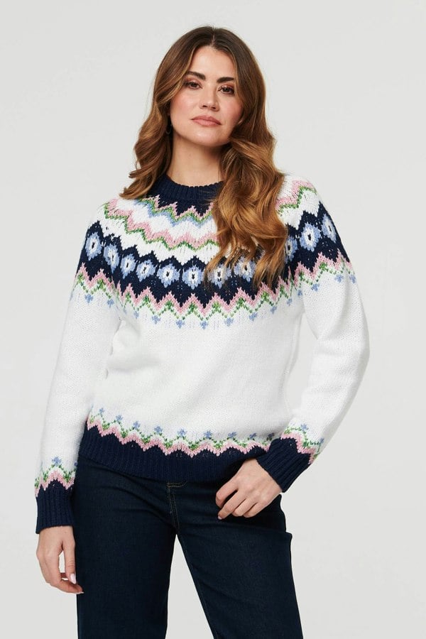 White | Fairisle Print Long Sleeve Jumper
