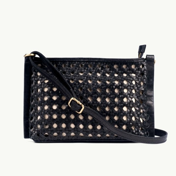 Assots London 'LEATHER LOOM' Black Real Leather Woven Crossbody Bag
