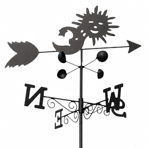 Sun and Moon Weathervane with Wind Speed Cups, All-Steel Black Finish, Wall Mount Bracket and Ground Spike Included