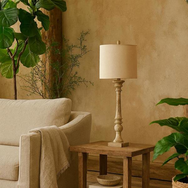 Wyld Haus Thornvale Candlestick Wooden Tall Table Lamp With Linen Shade