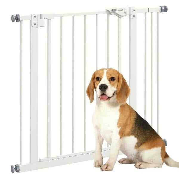 White adjustable safety pet gate with vertical bars and wall-mounted hardware