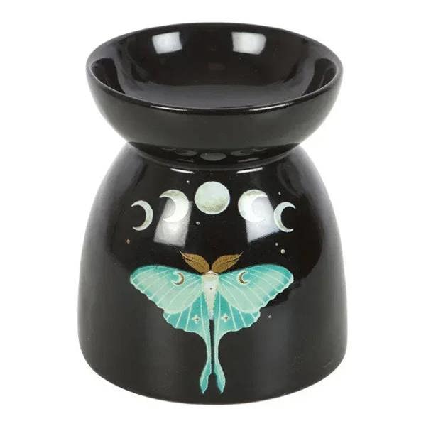 Black oil burner with moon moth design, wide top dish