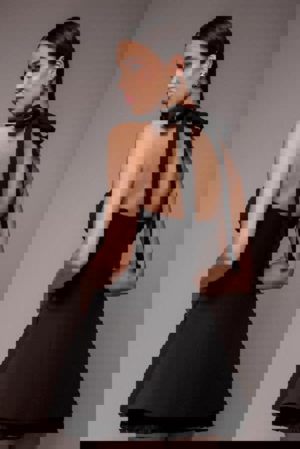 Organza Frill Bow Back Halter Mini Dress - Black DR4744