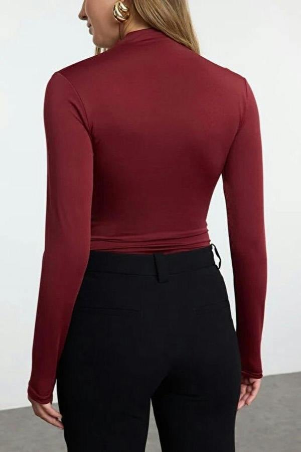 WOVCOR Stand Collar Knit Bodysuit with Gathered Detail