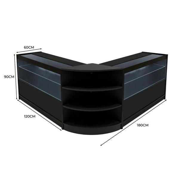 Black Andromeda LED shop counter set featuring sleek curved design, glass display shelves, and modern LED lighting, dimensions 60x120x180 cm