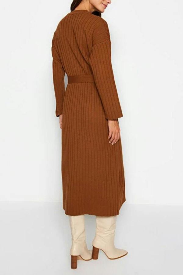 WOVCOR Ribbed Knitted Dress with Belt Detail