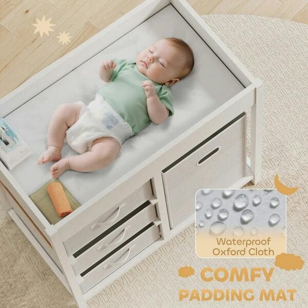 Bobobiy Baby Changing Unit with 4 Storage Drawers, Mat for Bedroom Nursery, 84 x 84.5 cm, White