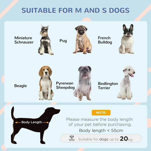 Dog house sizing guide infographic with dog silhouettes and body-length measurement diagram.