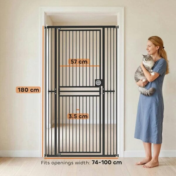 180cm Extra Tall Cat Gate, Adjustable Pet Gate with 74-100 cm Wide, Pressure Fit, Pull-Ring Latch, Black