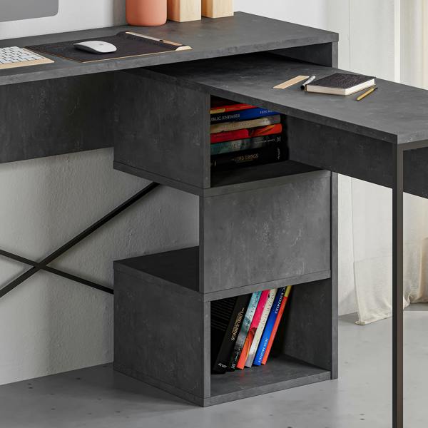 Decortie Modern Badau L-Shaped Computer Desk Metal Legs 3 Adjustable Storage Shelf Extra Table 110cm(W) Work PC Office