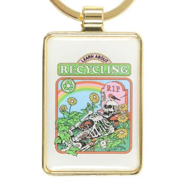Square recycling enamel keyring charm with gold border and hanging ring