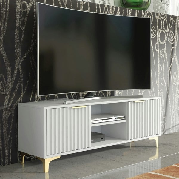 Mex Furniture TV Stand 120cm – White Matt Body & White Fluted Doors with Gold Legs