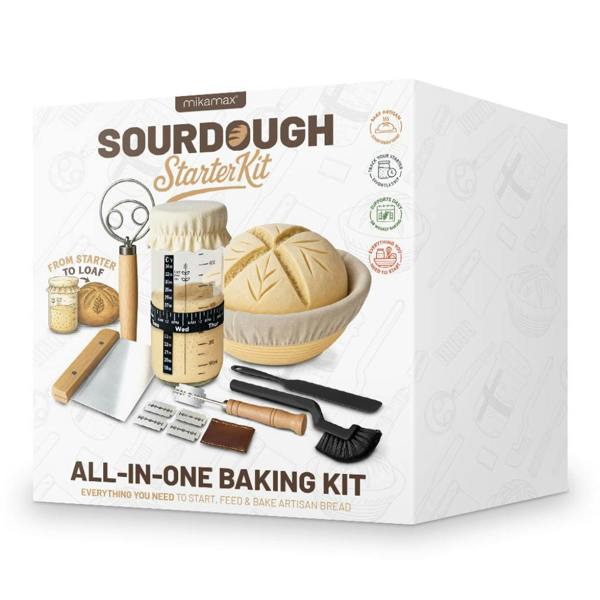 Retail packaging box for the mikamax all-in-one sourdough starter baking kit displaying the enclosed tools and rustic bread illustrations.