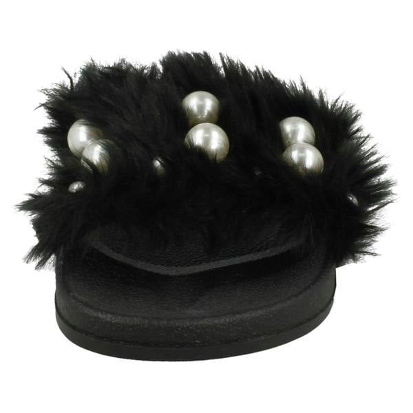 Spot On Ladies Spot On Pearl Trim Faux Fur Slider Style Sandals