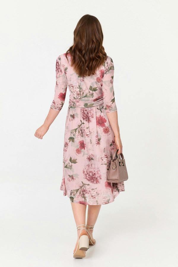 Pink | Floral 3/4 Sleeve Wrap Front Midi Dress
