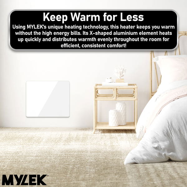 Mylek Radiator Glass Panel Heater White Slimline, Wifi Enabled Smart APP