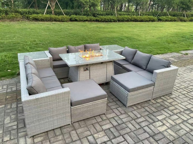 Fimous Rattan Outdoor Garden Furniture Set with Gas Fire Pit Dining Table, 3 Sofas, 2 Side Tables, 2 Large Footstools - 11 Seater - Light Grey