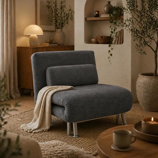 Wyld Haus Tomi Safi Charcoal Grey Velvet Single Sleeper Chair