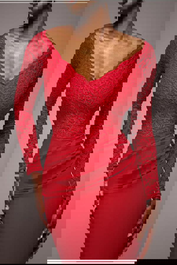 Scalloped Lace Bodice Long Sleeve Bardot Maxi Dress - Red DR4678