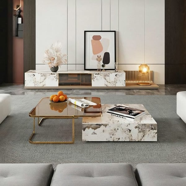 AnMoo Nesting Coffee Table Set With TV Stand, Golden Base-Weilai Concept-Weilai Concept