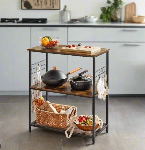 Modcraft Kitchen Island Shelf, Baker’s Rack with 3 Shelves & Hooks, Rustic Brown & Black