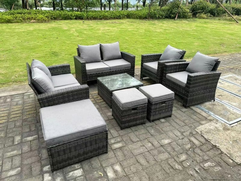 Fimous 9 Seater Dark Grey Mixed High Back Rattan Sofa Set Coffee Table Garden Furniture Outdoor 3 Stools