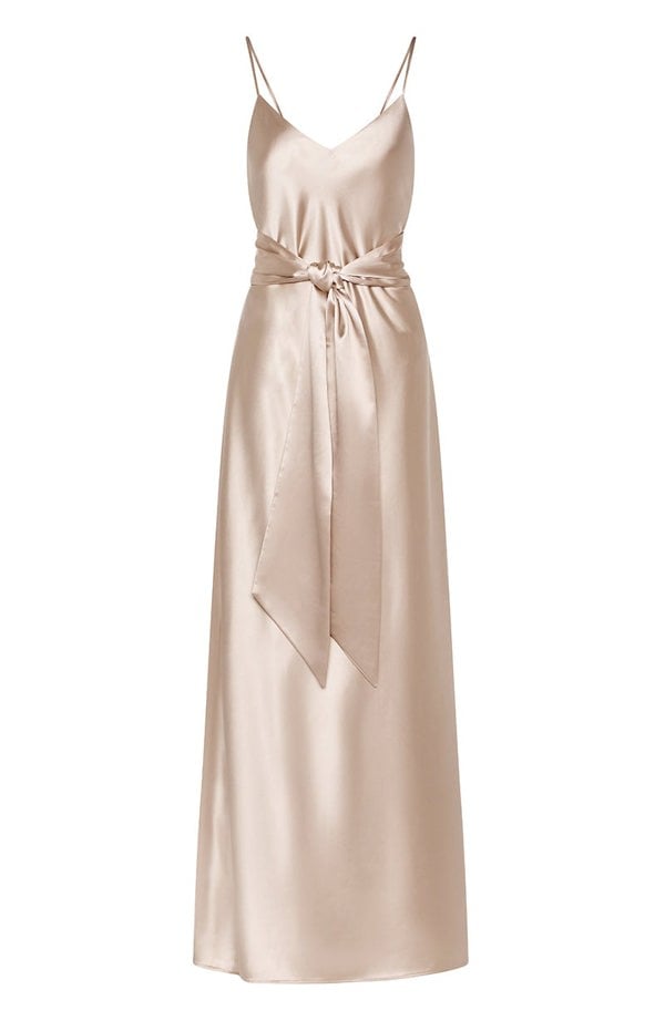 Champagne satin strappy slip bridesmaids occasion wear dress.